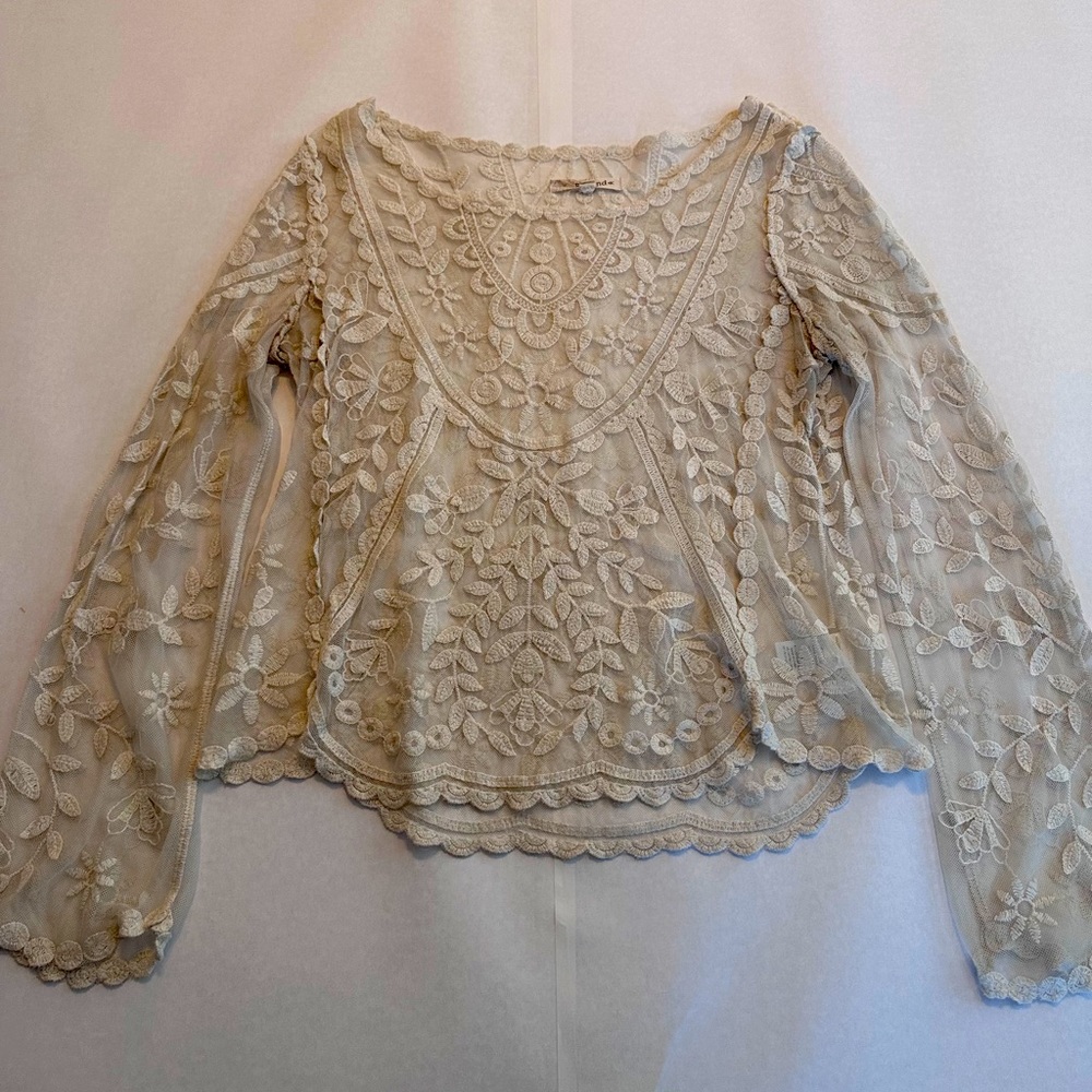 Rewind Long-Sleeve Scalloped-Hem Crochet Top